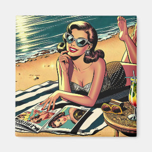 Retro vrouw op het strand leest een modeblad magneet