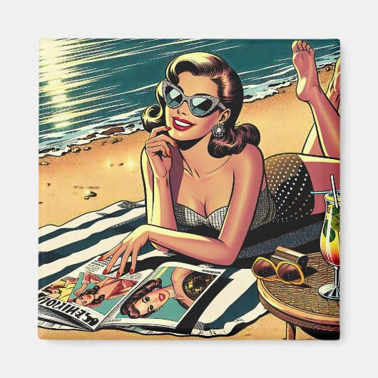 Retro vrouw op het strand leest een modeblad magneet (Voorkant)