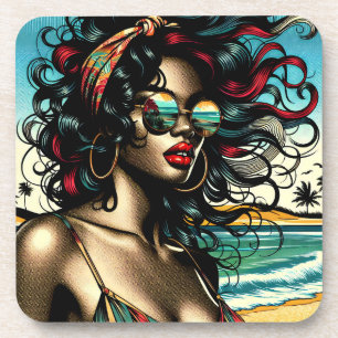 Retro Vrouw op Strand Comic Stijl Pop Art Bier Onderzetter