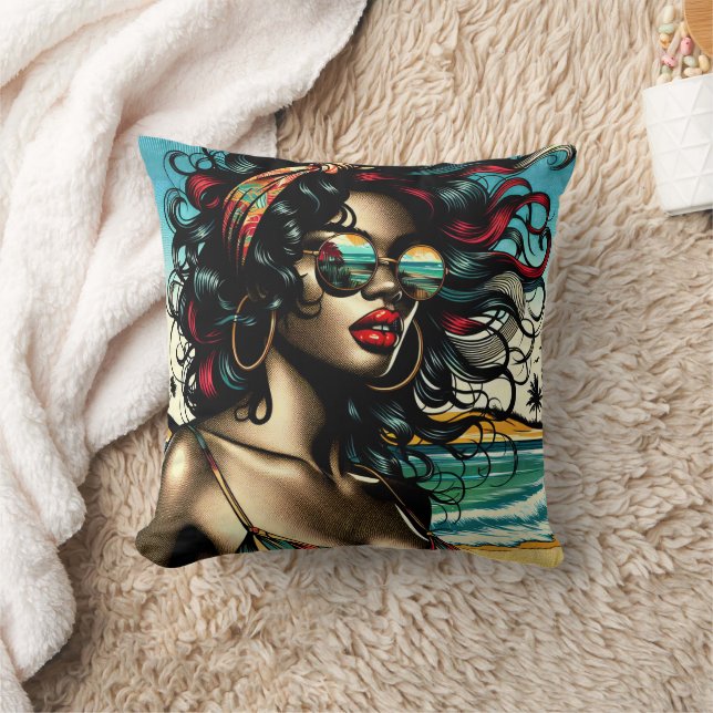 Retro Vrouw op Strand Comic Stijl Pop Art Kussen (Deken)