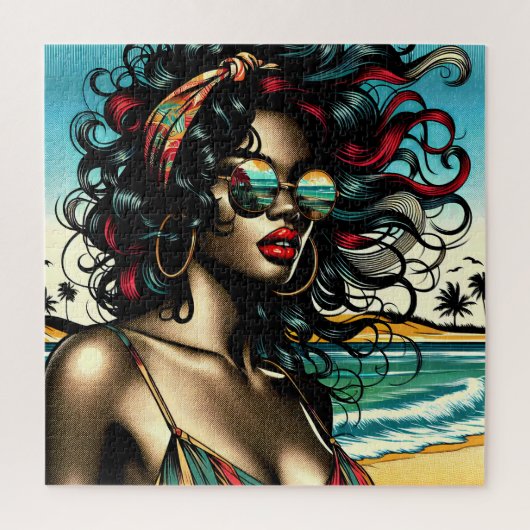 Retro Vrouw op Strand Comic Stijl Pop Art Legpuzzel (Verticaal)
