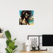 Retro Vrouw op Strand Comic Stijl Pop Art Poster (Thuiskantoor)