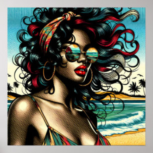 Retro Vrouw op Strand Comic Stijl Pop Art Poster