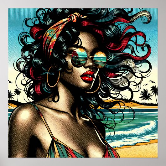 Retro Vrouw op Strand Comic Stijl Pop Art Poster (Voorkant)