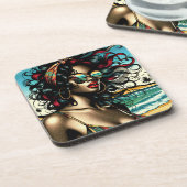 Retro Vrouw op Strand Comic Style Pop Art Bier Onderzetter (Linkerzijde)