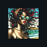Retro Vrouw op Strand Comic Style Pop Art Canvas Afdruk<br><div class="desc">retro Afro-Amerikaanse vrouw in bikini zittend op het strand met zonnebril op in  kleuren in een pop art comic stijl.</div>
