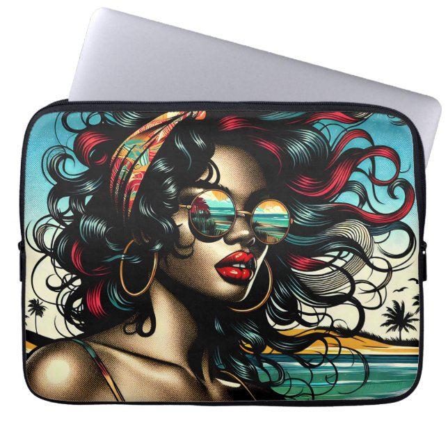 Retro Vrouw op Strand Comic Style Pop Art Laptop Sleeve (Voorkant)