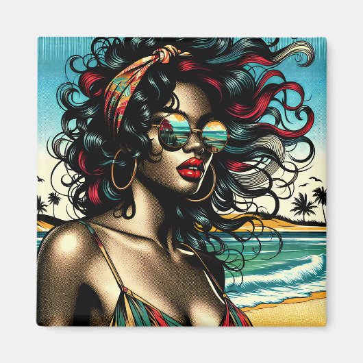 Retro Vrouw op Strand Comic Style Pop Art Magneet (Voorkant)