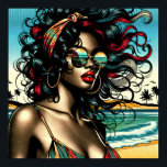 Retro Vrouw op Strand Comic Style Pop Art Poster<br><div class="desc">retro Afro-Amerikaanse vrouw in bikini zittend op het strand met zonnebril op in  kleuren in een pop art comic stijl.</div>