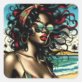 Retro Vrouw op Strand Comic Style Pop Art Vierkante Sticker