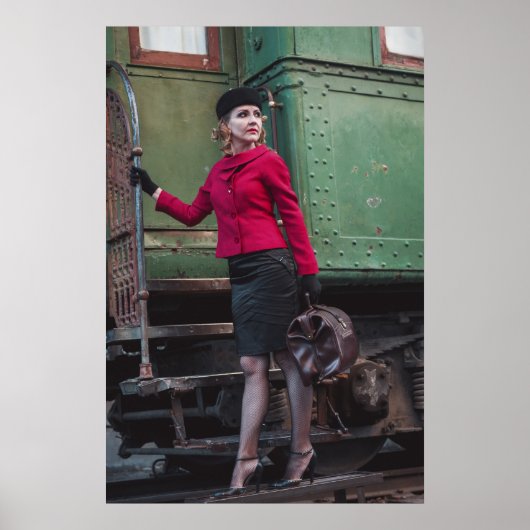 retro vrouw op treinstation poster (Voorkant)