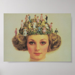 Retro vrouw surrealistisch haar met kleine mensen poster