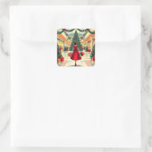 Retro Vrouw Winkelt met Kerst in het Midden van de Vierkante Sticker (Tas)