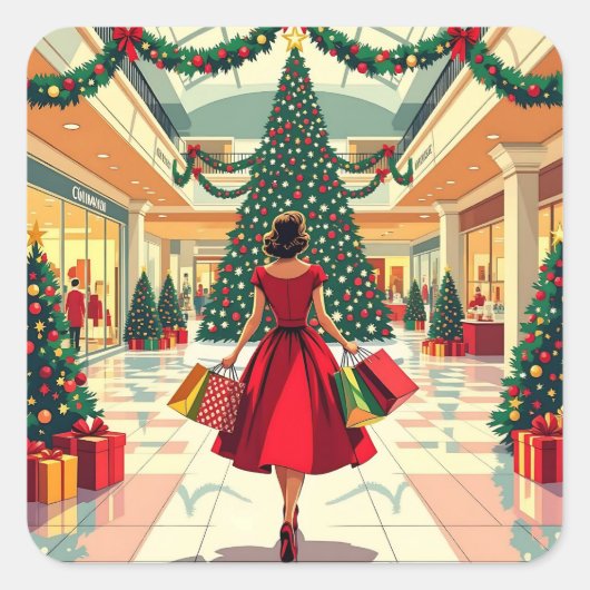 Retro Vrouw Winkelt met Kerst in het Midden van de Vierkante Sticker (Voorkant)