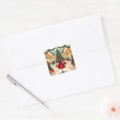 Retro Vrouw Winkelt met Kerst in het Midden van de Vierkante Sticker (Envelop)