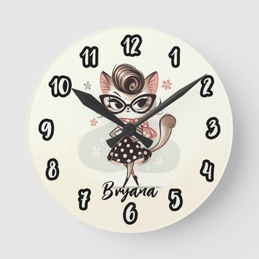 Retro  vrouwelijk katje met kattenbril ronde klok (Voorkant)