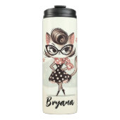 Retro  vrouwelijk katje met kattenbril thermosbeker (Voorkant)