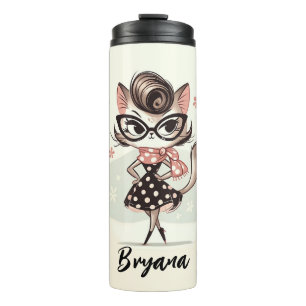 Retro  vrouwelijk katje met kattenbril thermosbeker