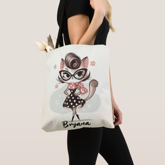 Retro  vrouwelijk katje met kattenbril tote bag (Dichtbij)