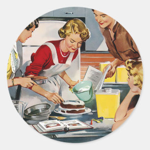Retro vrouwen bakken een taart ronde sticker
