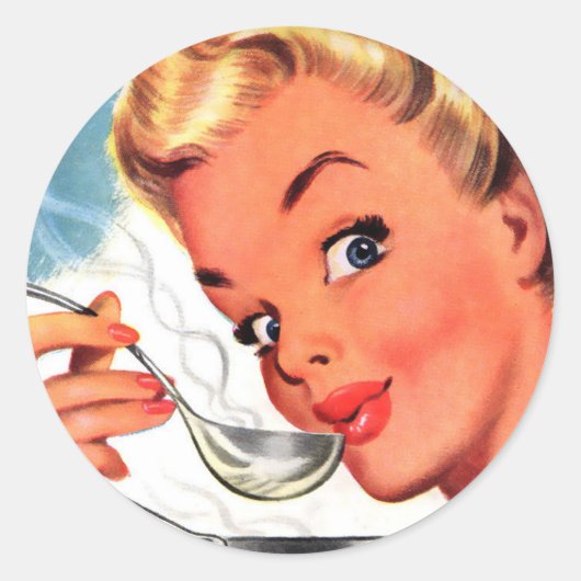 Retro Vrouwen Kitsch Soepen Klaar! advertentie Ronde Sticker (Voorkant)