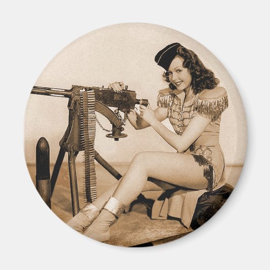 Retro Vrouwen Machine Gunner Meisje Magneet (Voorkant)