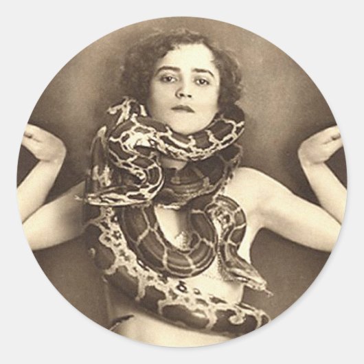 Retro Vrouwen Sideshow Snake Charmer Ronde Sticker (Voorkant)