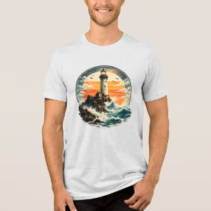 Retro Vuurtoren Zonsondergang Kust Oceaan Avontuur Tri-Blend Shirt