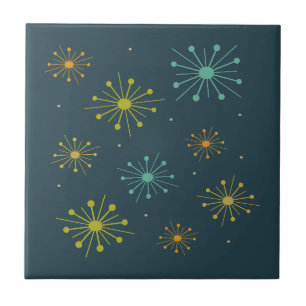 Retro Vuurwerk Starbursts Donkerblauw Midden-eeuw Tegeltje