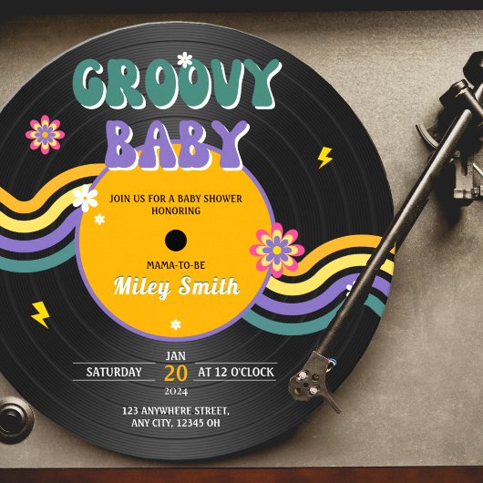 Retro Vynil Record Groovy Baby shower 70s Meisje v Kaart