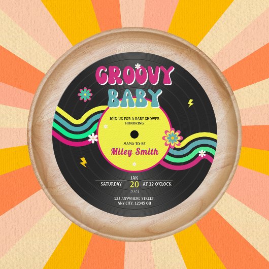 Retro Vynil Record Groovy Baby shower 80s Neon Kaart