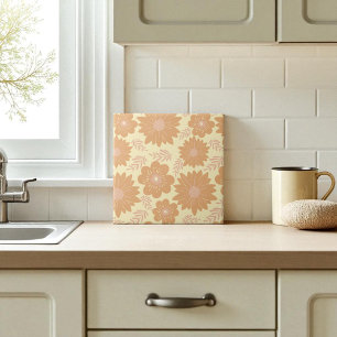 Retro  Warm Cream Sinaasappel Bloemen Tegeltje