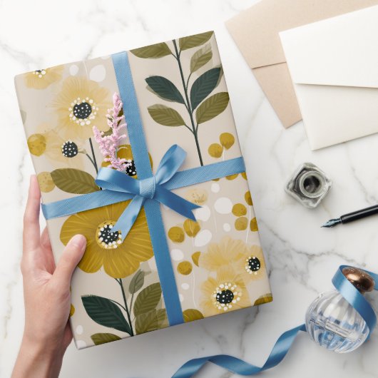 Retro warme toon bloem mosterd bloemmotief cadeaupapier (Geschenken)