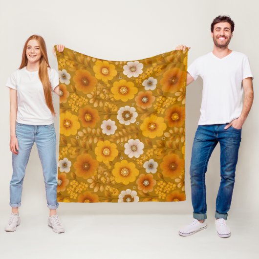 Retro warme toon bloem mosterd bloemmotief fleece deken (In situ)
