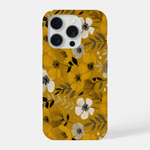 Retro warme toon bloem mosterd bloemmotief iPhone 15 pro case