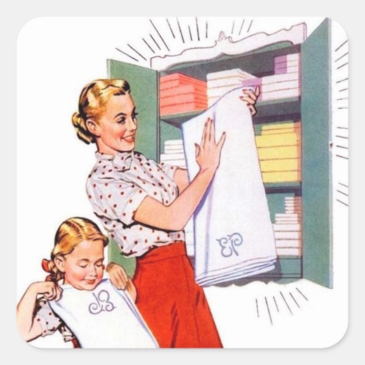 retro  wasdame vierkante sticker (Voorkant)