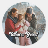 Retro "Wat een jaar!" vakantiefoto Ronde Sticker (Voorkant)
