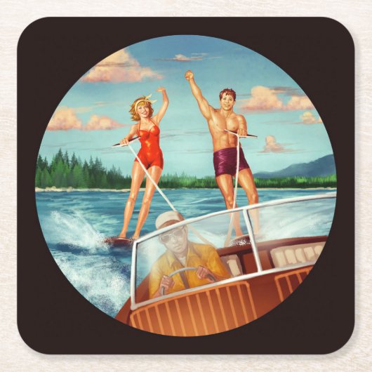 Retro Water Skiing Kartonnen Onderzetters (Voorkant)