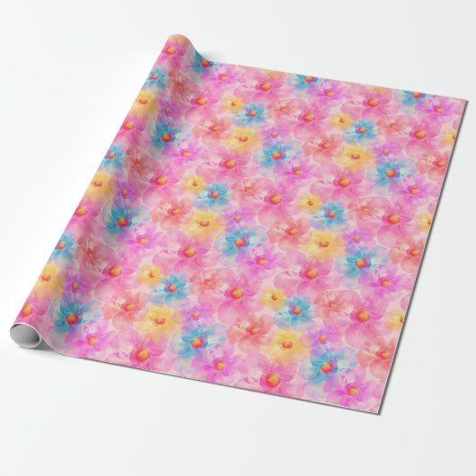 Retro Watercolor Floral Pattern Cadeaupapier (Uitgerold)