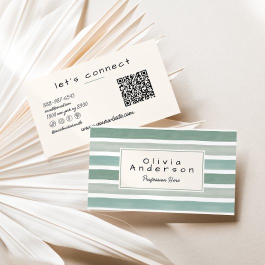 Retro Watercolor Green Stripes Neutral QR Code Visitekaartje