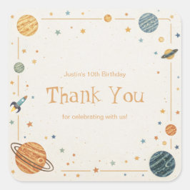 Retro Watercolor Planet Rocket Gold Frame Vierkante Sticker