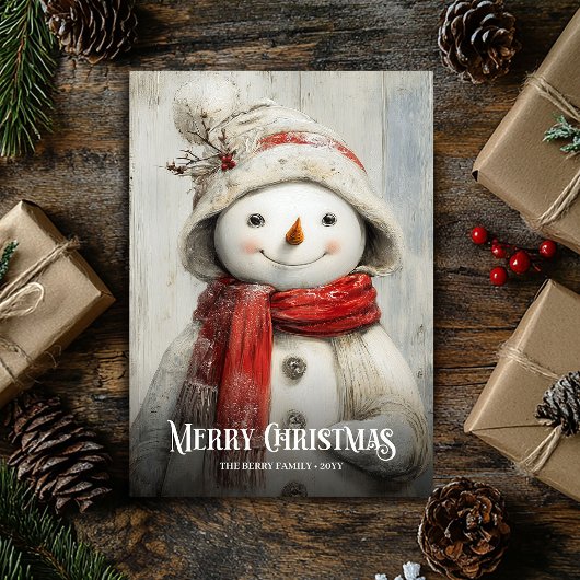 Retro watercolor red white Christmas snowman card Feestdagenkaart