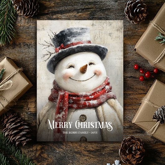 Retro Watercolor Red White Christmas Snowman Cards Feestdagenkaart