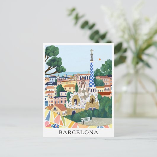 Retro Waterverf Barcelona Spanje Reizen Briefkaart (Staand voorkant)