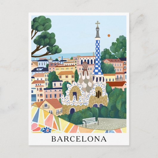 Retro Waterverf Barcelona Spanje Reizen Briefkaart (Voorkant)