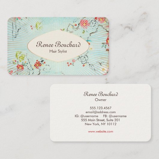 Retro Waterverf Bloemen Blauw Goud Visitekaartje (Voorkant / Achterkant)