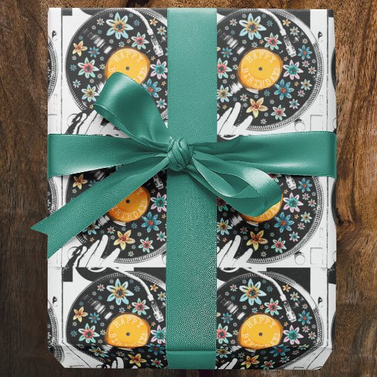 Retro Waterverf Bloemen Verjaardag Vinyl Record Cadeaupapier