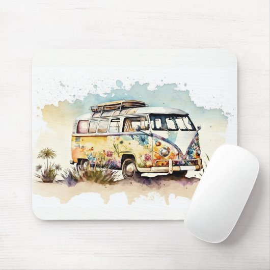 Retro Waterverf Hippiebus met bloemen Muismat (Met muis)