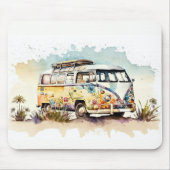 Retro Waterverf Hippiebus met bloemen Muismat (Voorkant)