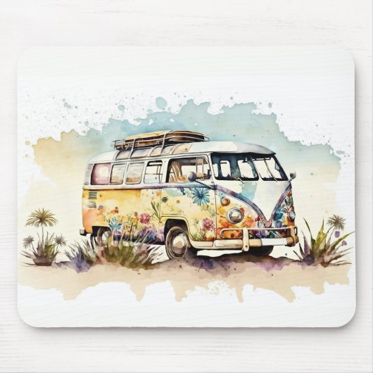 Retro Waterverf Hippiebus met bloemen Muismat (Voorkant)